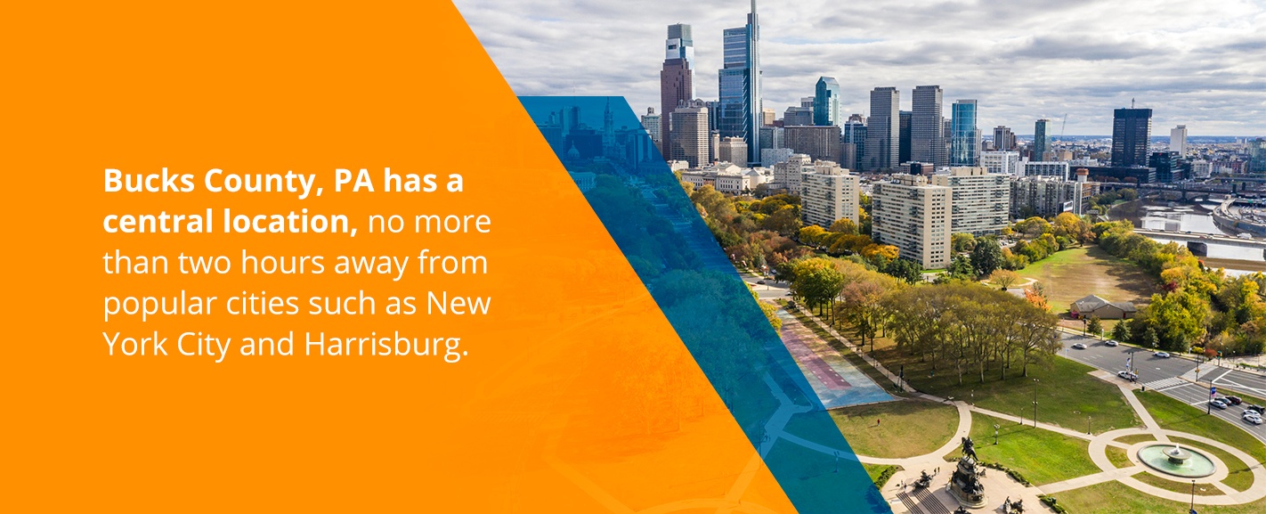 Bucks County, PA has a central location, no more than 2 hours away from popular cities such as New York City and Harrisburg.